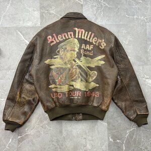 Vintage Avirex Jacket Mens Small Leather Bomber Coat Glenn Miller AAF Band USO